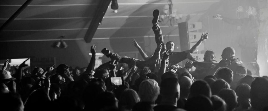 A crowd surfer at The Amity Affliction show, The Shed, Banana Bender Pub, Aussie World. 