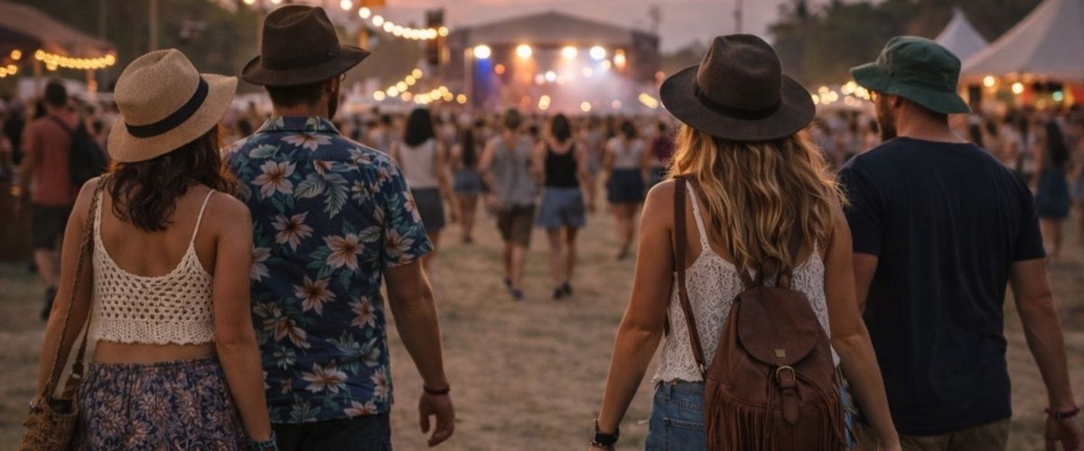 Festival-goers walking toward a stage at sunset