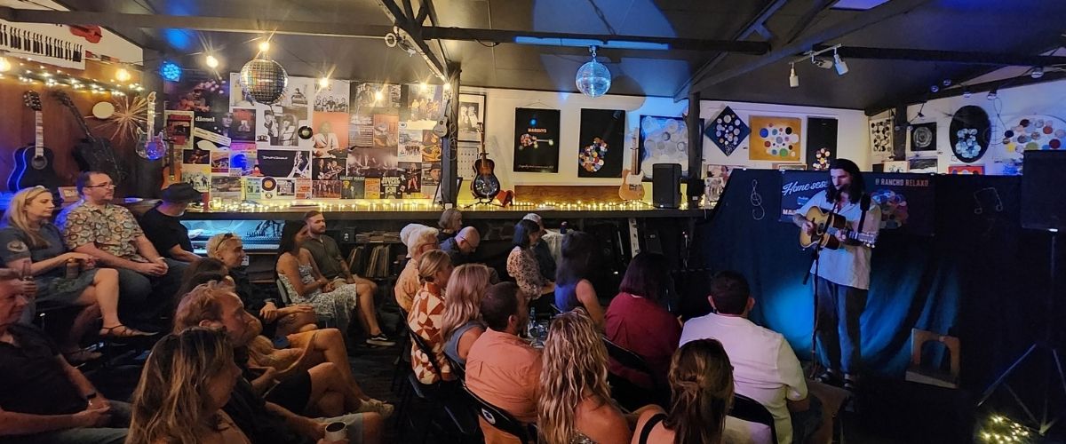 Musicians playing at Marshy's Moonshine Music at Rancho Relaxo in Palmwoods.