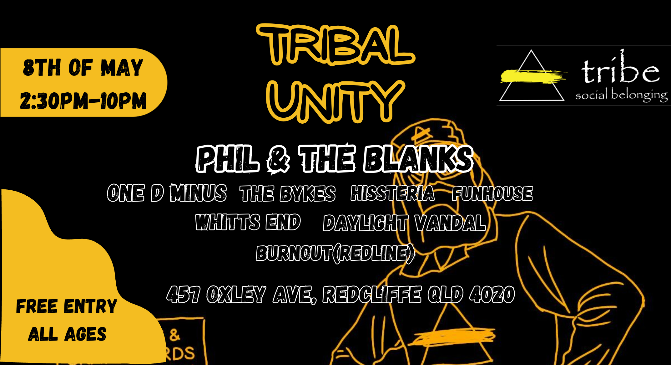 Tribal Unity event poster featuring Phil & The Blanks and other bands at Tribe Clubhouse.