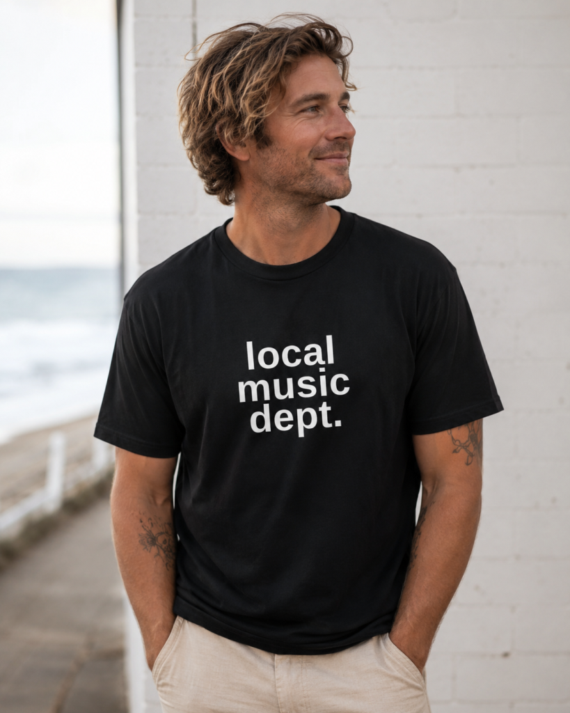 "local music dept." t-shirt, black tshirt with white text