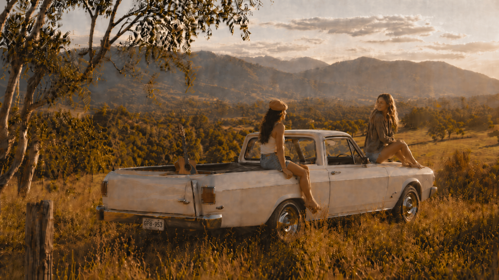 Two women sit on a ute in the countryside at sunset, with a guitar in the back tray.