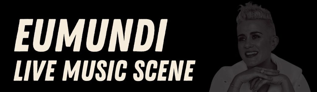 "Eumundi Live music Scene" banner, black and white photo of Katie Noonan, beige text.