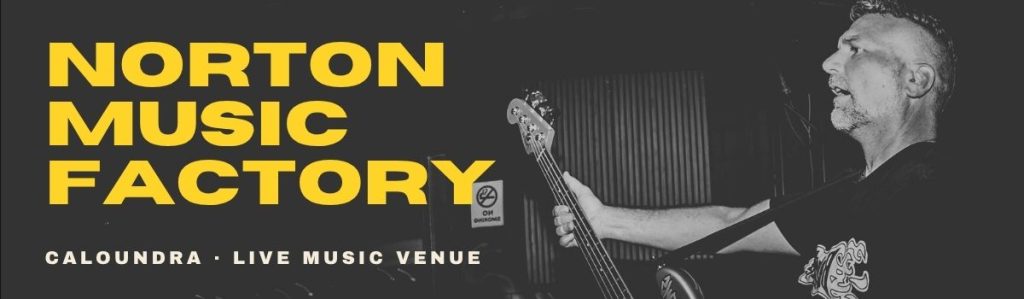 Norton Music Factory banner, black and white photo with yellow text.