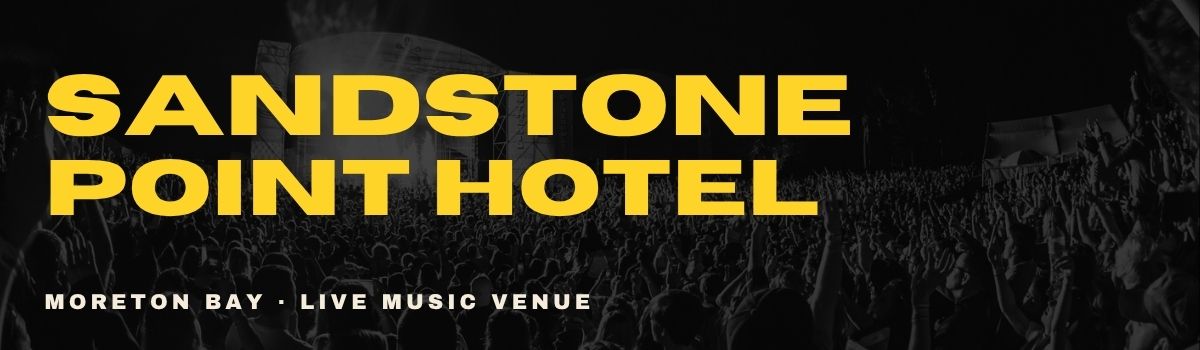 Sandstone Pointe Hotel banner. Black and white image with yellow text