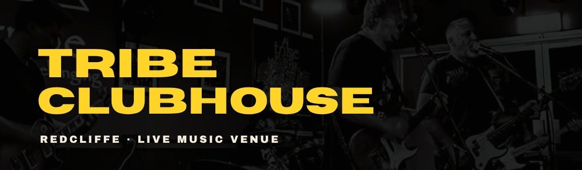 Tribe Clubhouse banner with yellow text over a black-and-white live band photo.