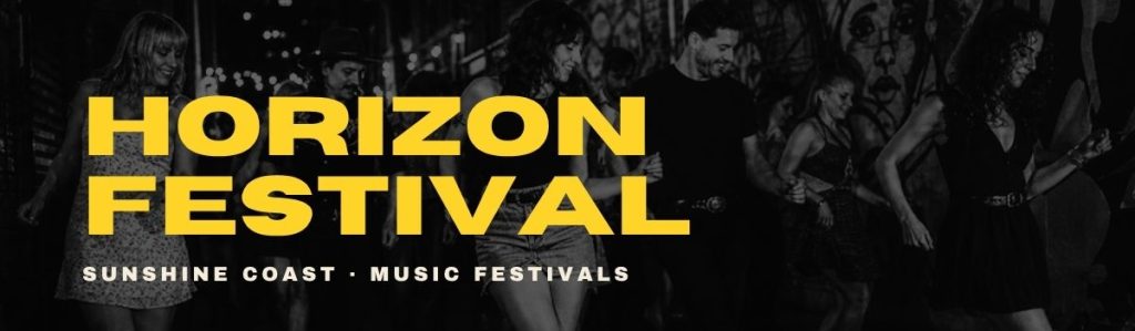 Horizon Festival yellow text over a black-and-white festival crowd photo.