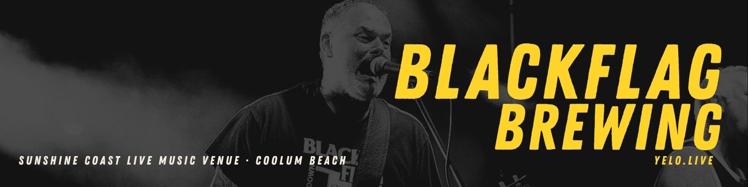 Black Flag Brewing banner with black and white photo of a male singer and yellow text.