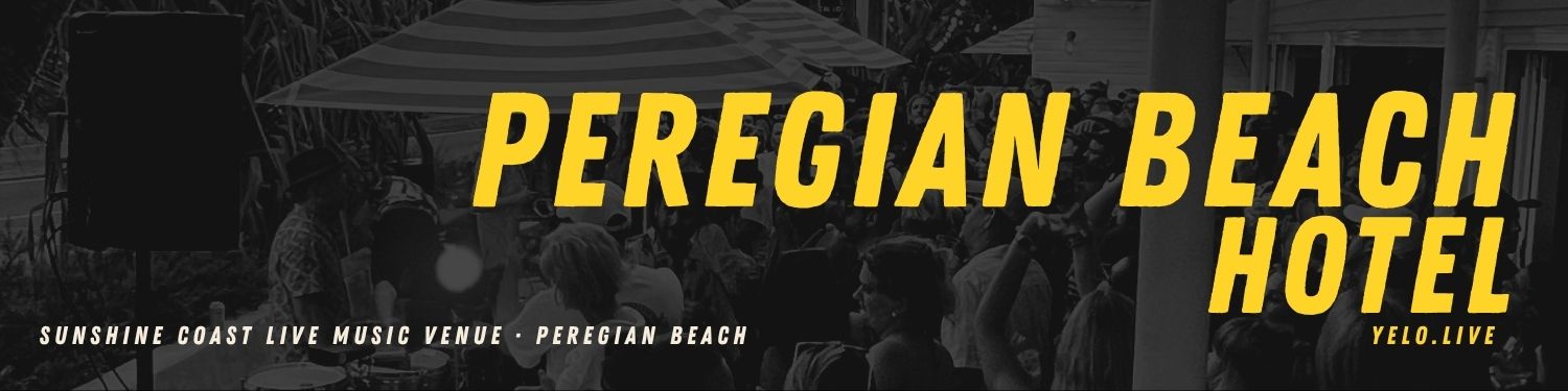Peregian Beach Hotel banner with yellow text over a black-and-white live music crowd photo.