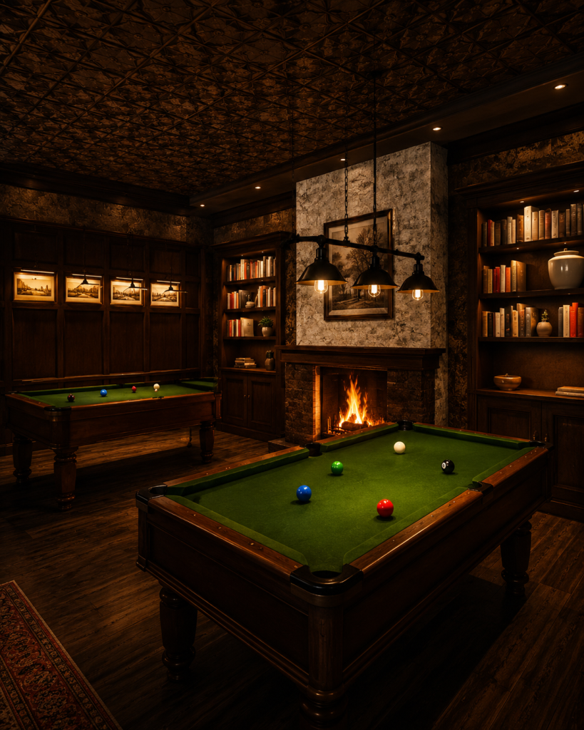 An artist's impression of Foxy Malone's in Mooloolaba with a pool table and fireplace.