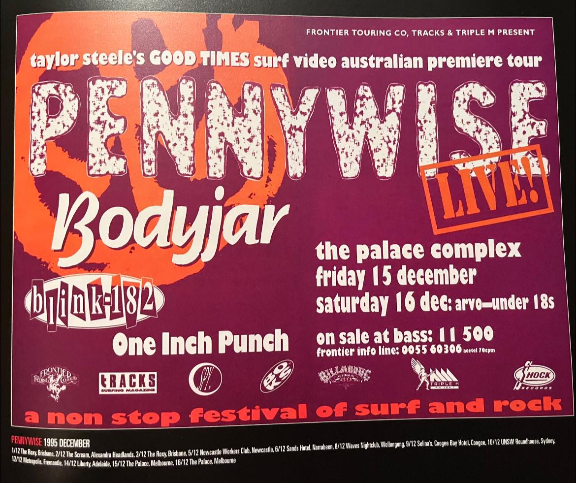 Old gig poster for Pennywise, Bodyjar and Blink-182 at Alexandra Headland in 1995