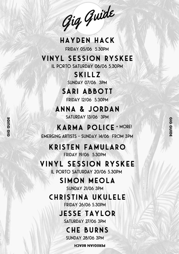 Peregian Beach Hotel June gig guide featuring Hayden Hack, Vinyl Session Ryskee, Skillz FJ, Sari Abbott, Anna and Jordan, Karma Police, Kristen Famularo, Simon Meola, Christina Ukulele, Jesse Taylor and Che Burns