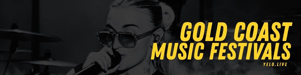 Gold Coast Music Festivals banner. Black and white close up image of G Flip with yellow text.