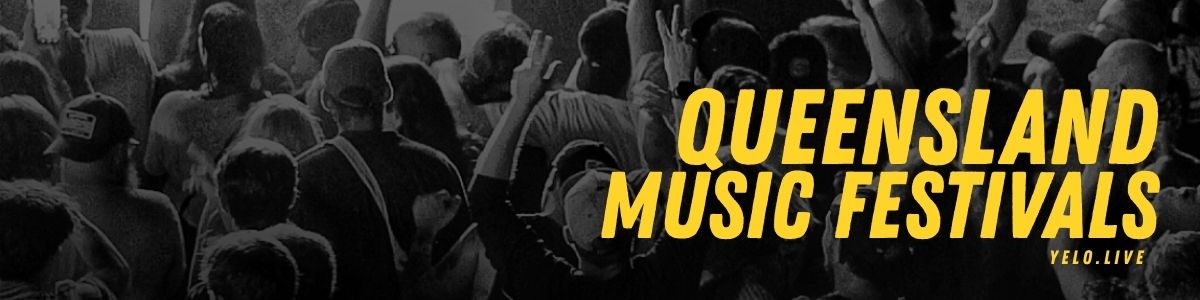 Queensland music festivals guide banner: black and white image of a crowd with yellow text.