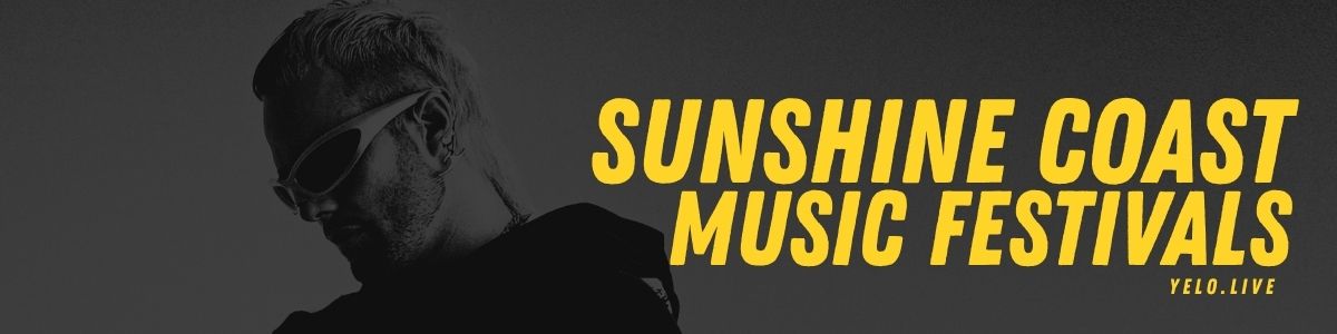 Sunshine Coast Music Festivals banner. Black and white with yellow text.
