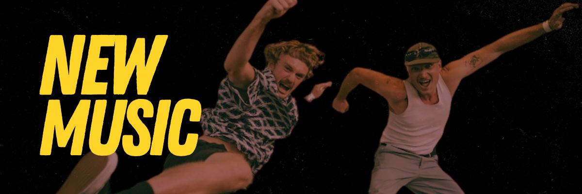 New Music banner with yellow text and artists against a black background.