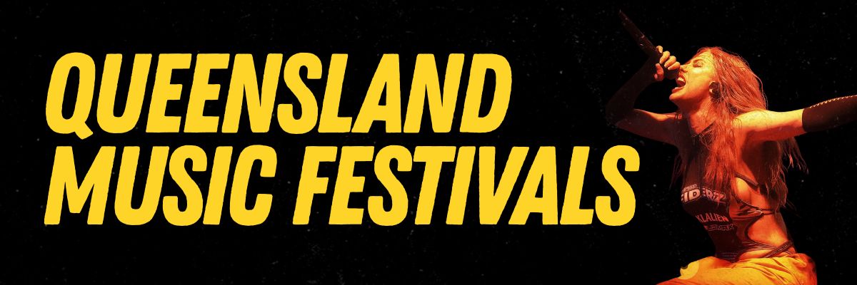 Queensland music festivals guide with yellow YELO text.