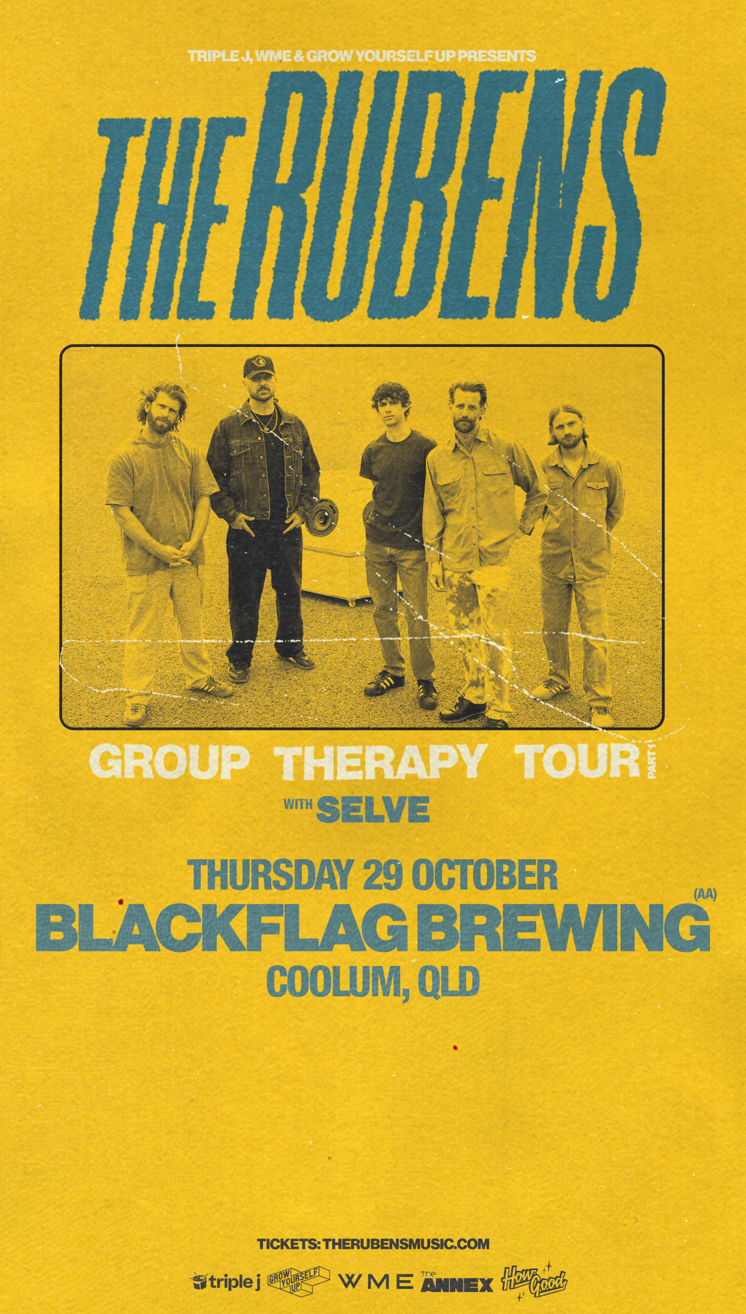 The Rubens Group Therapy Tour poster for Blackflag Brewing Coolum on October 29, 2026