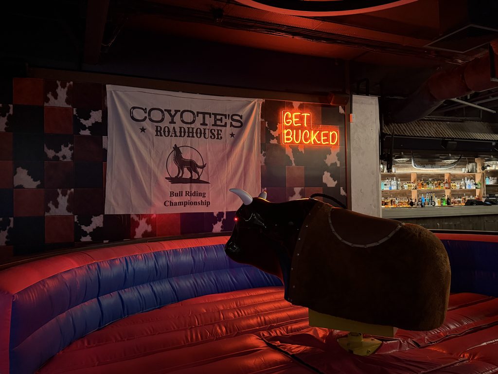 Mechanical bull inside Coyote's Roadhouse on Ocean Street, Maroochydore