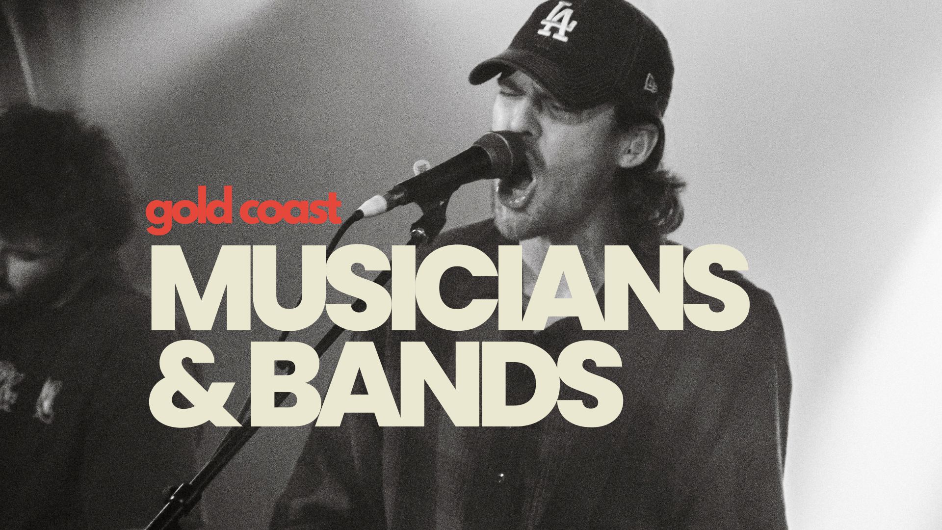 Gold Coast musicians and bands directory banner with black-and-white live singer photo