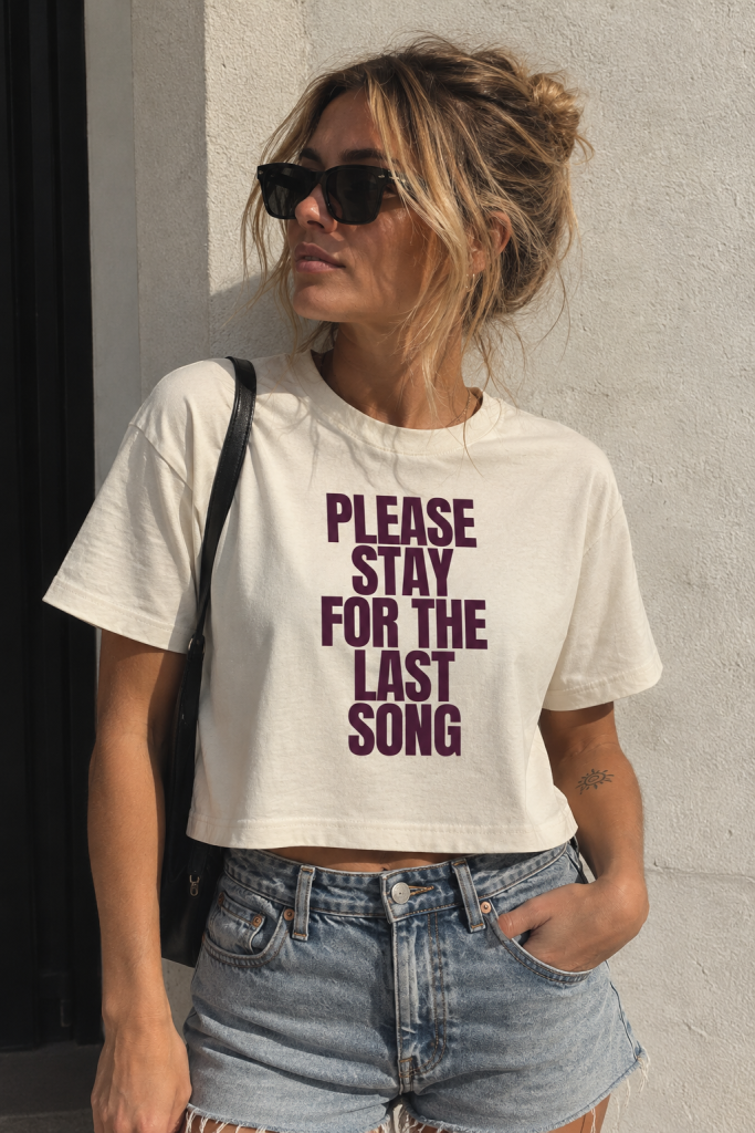 Please Stay for the Last Song women's graphic crop top in natural with dark plum print