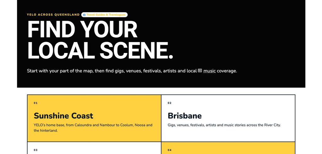 YELO Find Your Local Scene regional hubs page