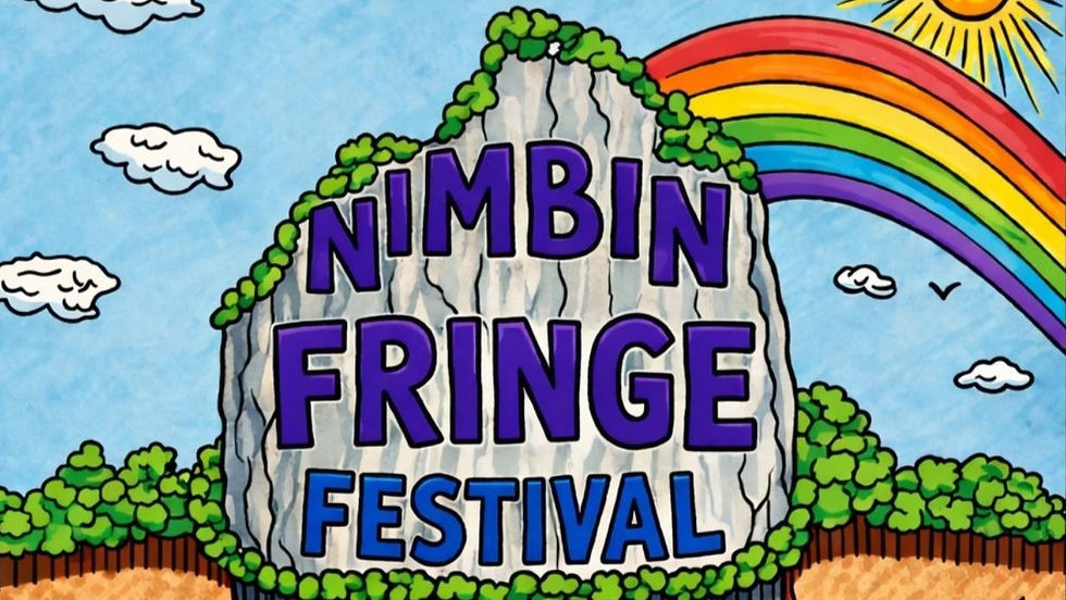 Colourful Nimbin Fringe Festival artwork with purple lettering and illustrated hillside