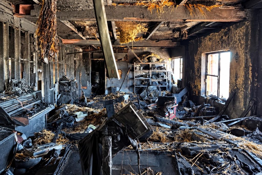 Fire damage inside Sons of the East's recording studio